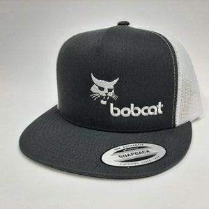 Bobcat Skid Steer Embroidered Hat Cap Mesh Snapback Gray White Flat Bill